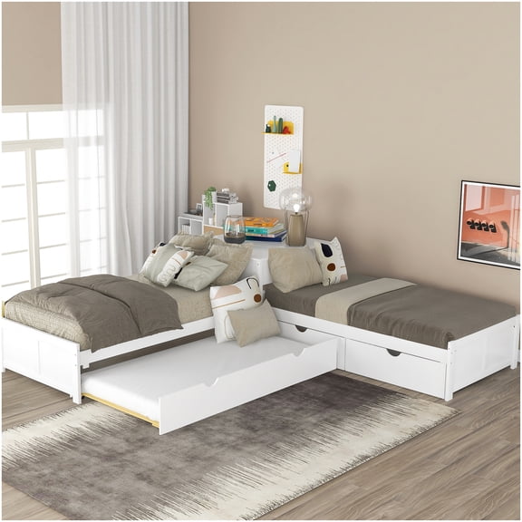 CHAMPFLAG L-Shaped Twin Size Bed Frame with Pull Out Trundle, Integrated Desk and Storage, Compact Platform Bed for Small Spaces