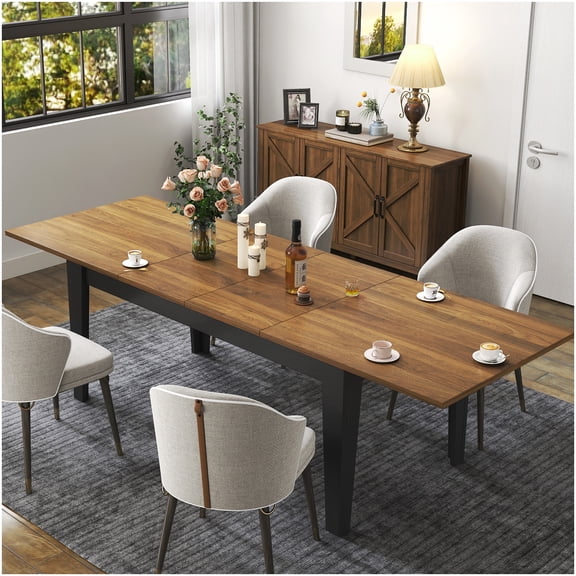 CHAMPFLAG Large Extendable Dining Table, Walnut Finish Kitchen Table with Black Legs for Family Gatherings