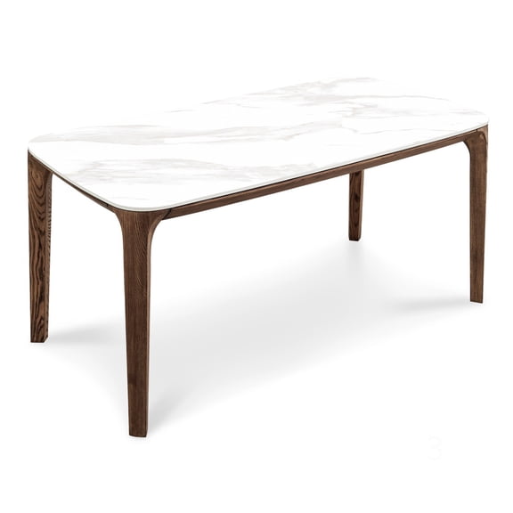CHAMPFLAG Large Rectangular Ceramic Top Dining Table, White Calacatta and Walnut Finish, Solid Wood Farmhouse Kitchen Table