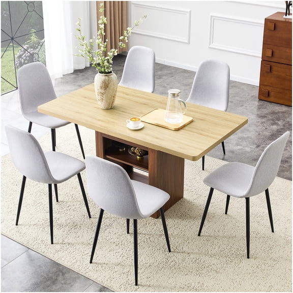 CHAMPFLAG Light Luxury 6-Piece Dining Set, Extendable Table with Storage and Light Gray Fabric Chairs, Modern Kitchen Furniture for 8 People