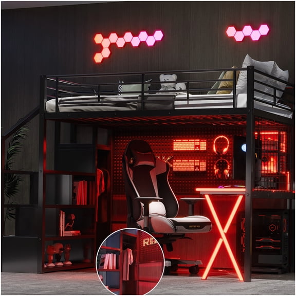 CHAMPFLAG Loft Bed with Built-In Desk, Wardrobe and Storage Stairs, Full Size LED Lit Metal Bed with Workstation