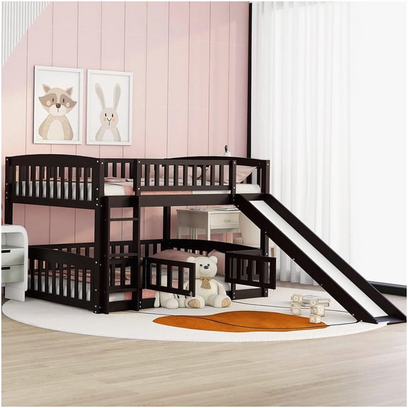 CHAMPFLAG Low Bunk Bed with Fun Slide and Ladder, Full Size Wood Frame with Fence for Secure and Compact Sleeping