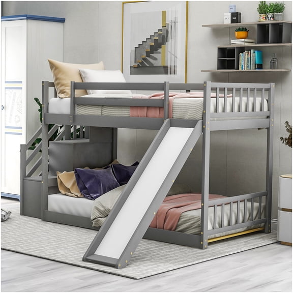 CHAMPFLAG Low Bunk Bed with Slide, Twin Size Loft Bed with Stairs and Storage, Space Efficient Design in Modern Gray