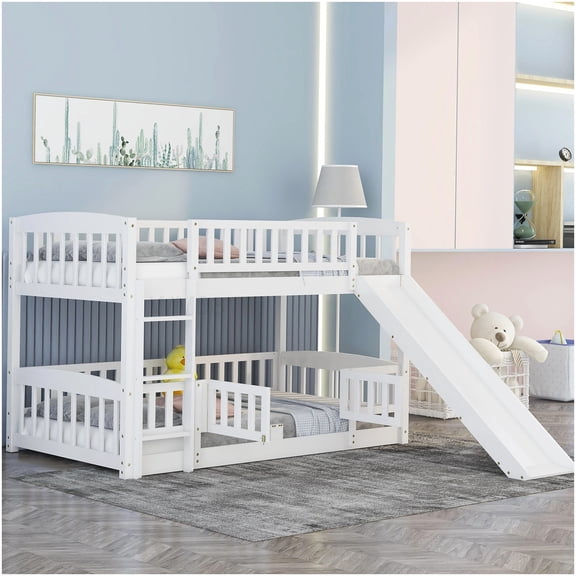 CHAMPFLAG Low Bunk Bed with Slide, Twin Size Upper and Lower Beds with Fence and Ladder, Space Efficient Design