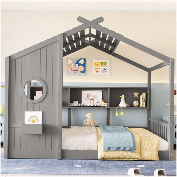 CHAMPFLAG Low Profile House Bed Frame with Storage and Roof, Montessori Floor Bed in Gray for Easy Access and Play
