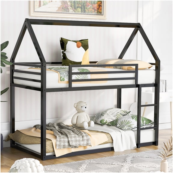 CHAMPFLAG Low Profile Twin Bunk Bed Frame with Ladder, Solid Metal Structure for Space Efficient Bedroom, Black