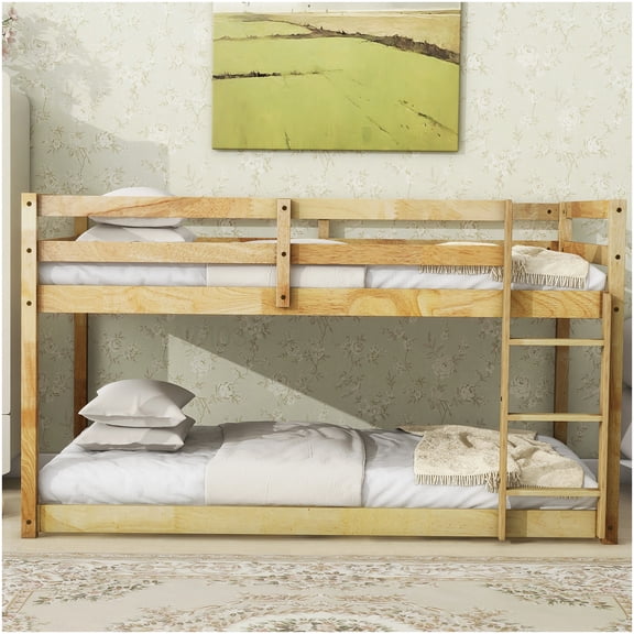 CHAMPFLAG Low Profile Twin Bunk Bed with Ladder, Natural Rubber Wood Frame, Space Efficient Design for Home