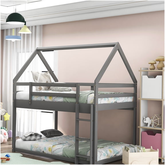 CHAMPFLAG Low Profile Twin Bunk Bed with Ladder, Space Efficient Design in Gray for Modern Homes, Pine and MDF Material