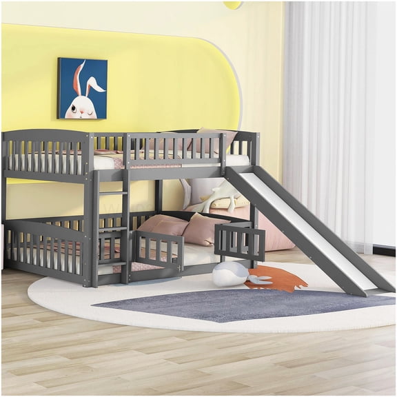 CHAMPFLAG Low Profile Twin Bunk Bed with Slide & Ladder, Solid Wood Frame with Safety Guardrail for Space Efficiency