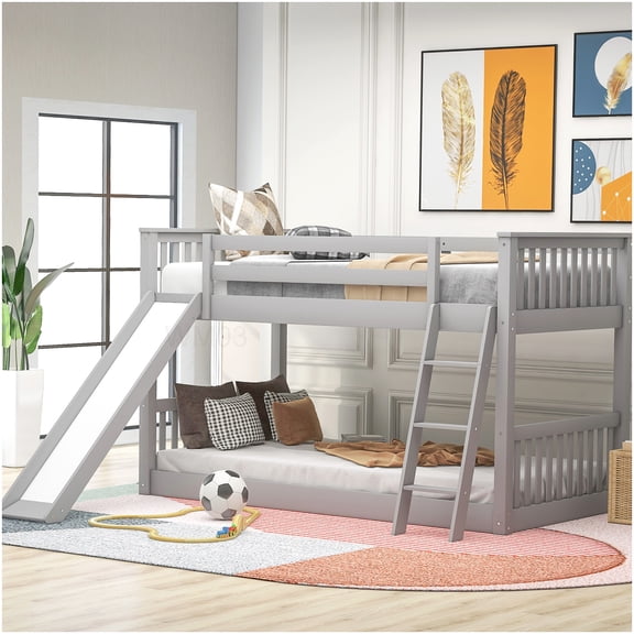 CHAMPFLAG Low Profile Twin Bunk Bed with Slide, Solid Wood Loft Frame with Ladder, Reversible Design, Space Saver in Gray
