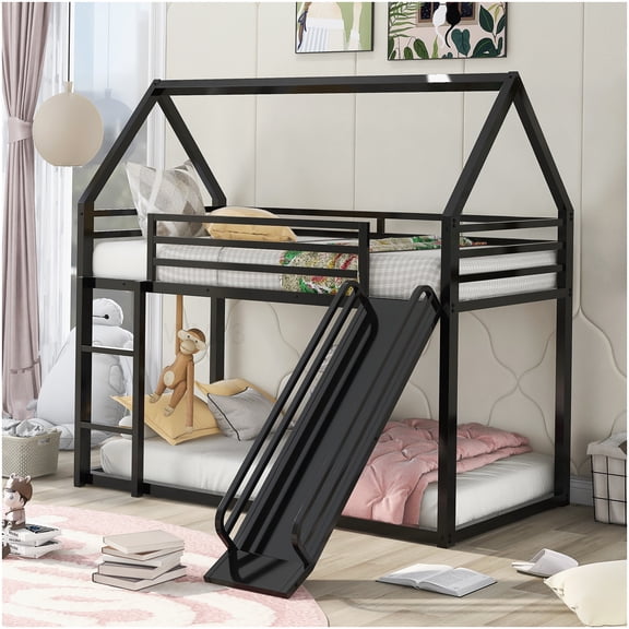 CHAMPFLAG Metal Bunk Bed with Slide, Twin Size House Frame Bed with Ladder and Guardrails, Space Efficient Design