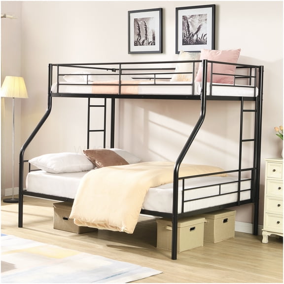 CHAMPFLAG Metal Bunk Bed with Stairs, Twin on Top Full Bottom, Sturdy Frame, Under Bed Clearance, Quick Assembly