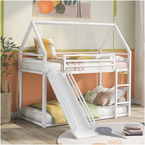 CHAMPFLAG Metal House Bunk Bed with Slide, Twin Size Loft Bed Frame with Ladder for Space Saving