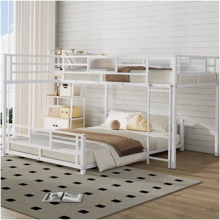 CHAMPFLAG Metal L-Shaped Bunk Bed, Twin on Top Full on Bottom, Space Saving Bed Frame with Guard Rails, No Box Spring Needed for Dorm, Guest Room