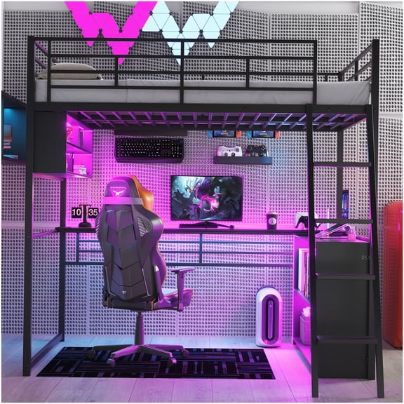 CHAMPFLAG Metal Loft Bed with Desk and Storage, Remote Control LED Lights, Space Efficient Furniture in Black