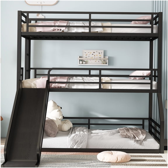 CHAMPFLAG Metal Triple Bunk Bed with Slide, Twin over Twin over Full Bunkbed with Safety Rails, Compact Loft Style Bed for Small Spaces, Black