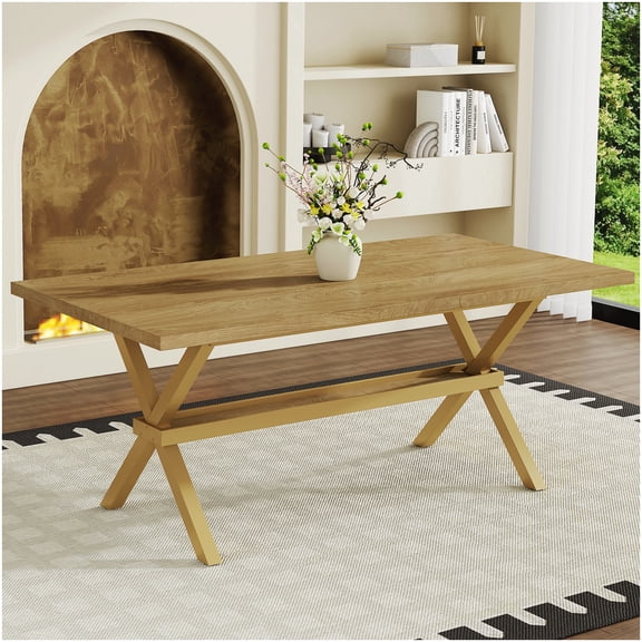 CHAMPFLAG Minimalist Dining Table with X-Frame, Light Wood Finish MDF Top, Large Table for Kitchen and Dining Room