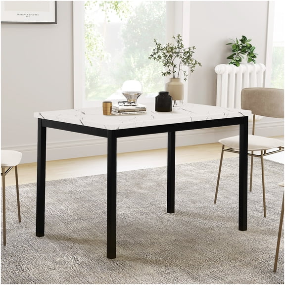CHAMPFLAG Modern 4-Person Square Dining Table, Off-White Faux Marble Top & Black Metal Frame