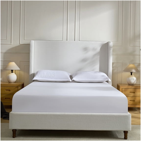 CHAMPFLAG Modern Cream Queen Size Bed Frame with Upholstered Wingback Headboard, Platform Base, No Box Spring Required