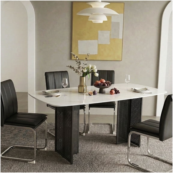 CHAMPFLAG Modern Dining Table Set for 6, Tempered Glass Top with Marble Look and Black Metal Frame, Rectangular Kitchen Table for Contemporary Home