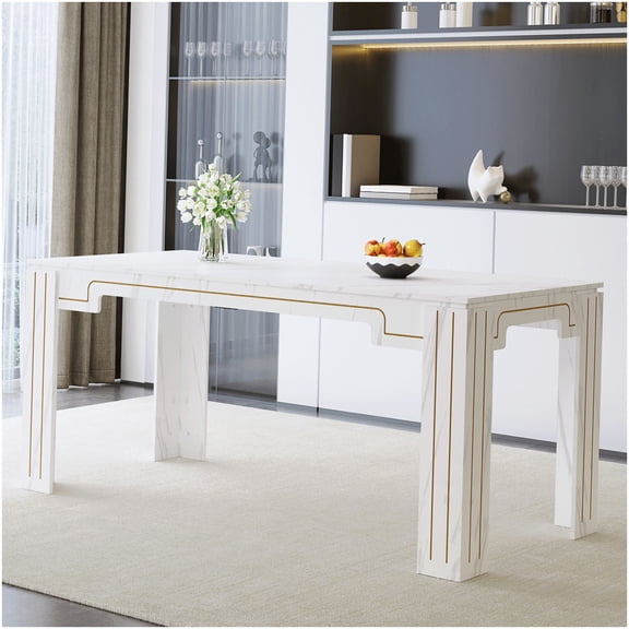 CHAMPFLAG Modern Dining Table for 6-8 Persons, White Faux Marble Top with Textured Legs for Kitchen and Dining Room