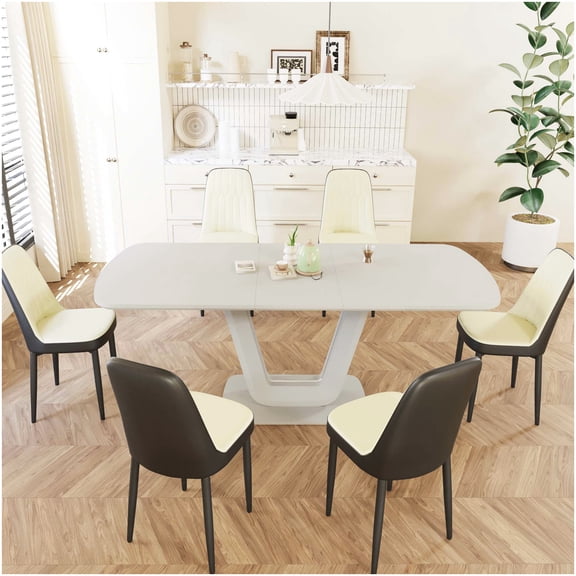 CHAMPFLAG Modern Expandable Dining Table and 6 Chairs Set, PU Padded Seats, U-Leg Design for Kitchen