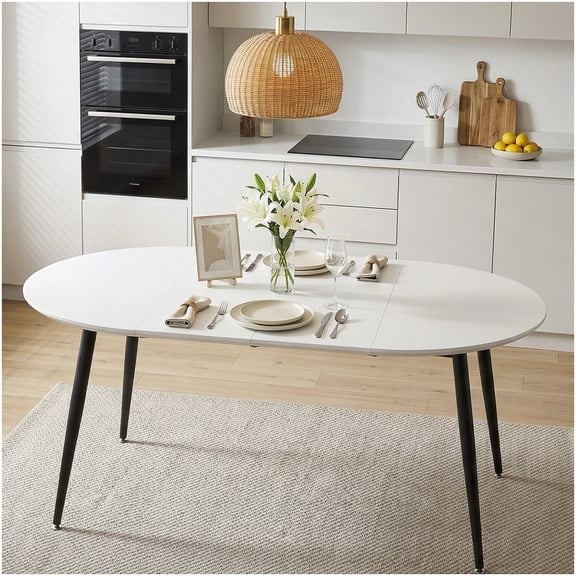CHAMPFLAG Modern Expandable Round Dining Table, White MDF Top with Black Hairpin Legs, Extendable Kitchen Table