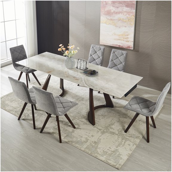 CHAMPFLAG Modern Extendable Dining Table, 63 to 94.5 Inch Sintered Stone Table Top, Scratch Resistant Heatproof Table with Solid Wood Legs for Home