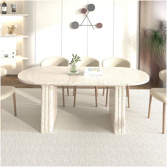 CHAMPFLAG Modern Extendable Oval Dining Table, Beige Kitchen Table for 8 Persons with Wooden Base, Waterproof Scratch-Resistant Top