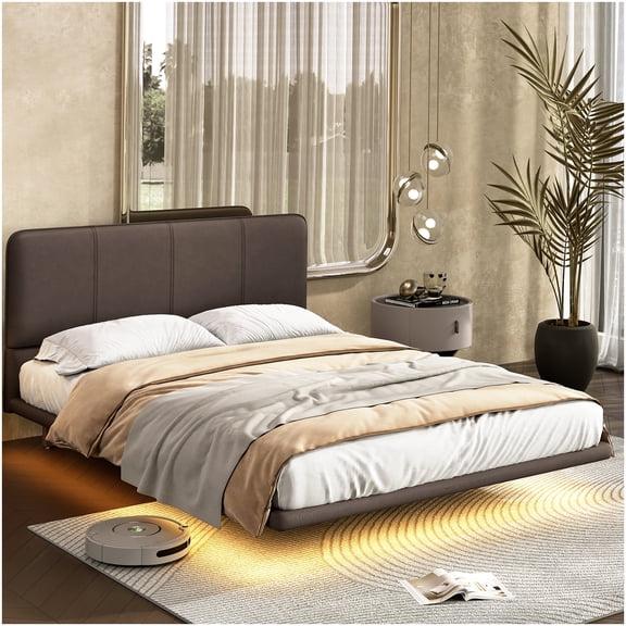 CHAMPFLAG Modern Floating Bed Frame with LED Lights, Remote Controlled Platform Bed, PU Leather Upholstery in Coffee, Full Size, No Box Spring Required, Easy Setup