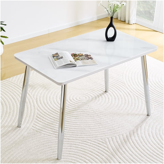 CHAMPFLAG Modern Glass Top Dining Table, Rectangular Minimalist Design with Silver Metal Legs, Fits 4-6 Persons, Marble Texture Finish for Kitchen and Dining Room
