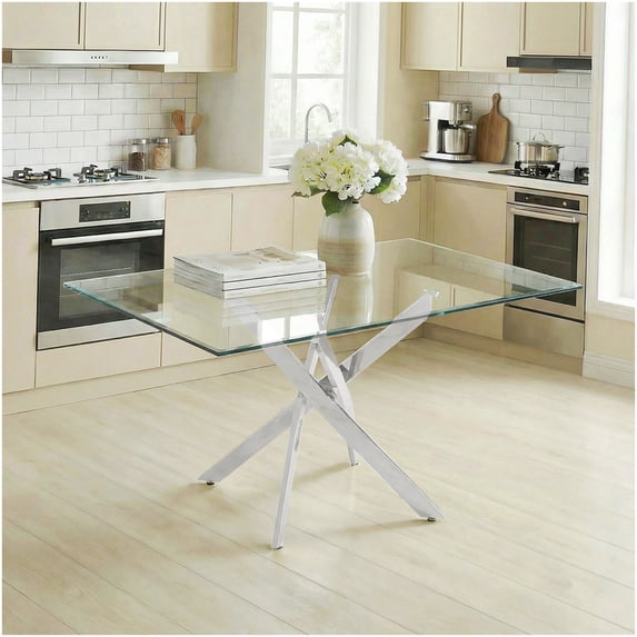 CHAMPFLAG Modern Glass Top Table with Silver Metal Base, Rectangular ...
