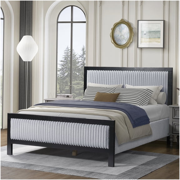 CHAMPFLAG Modern Grey Upholstered Platform Bed, Queen Size with Fluffy Headboard and Strong Wood Frame