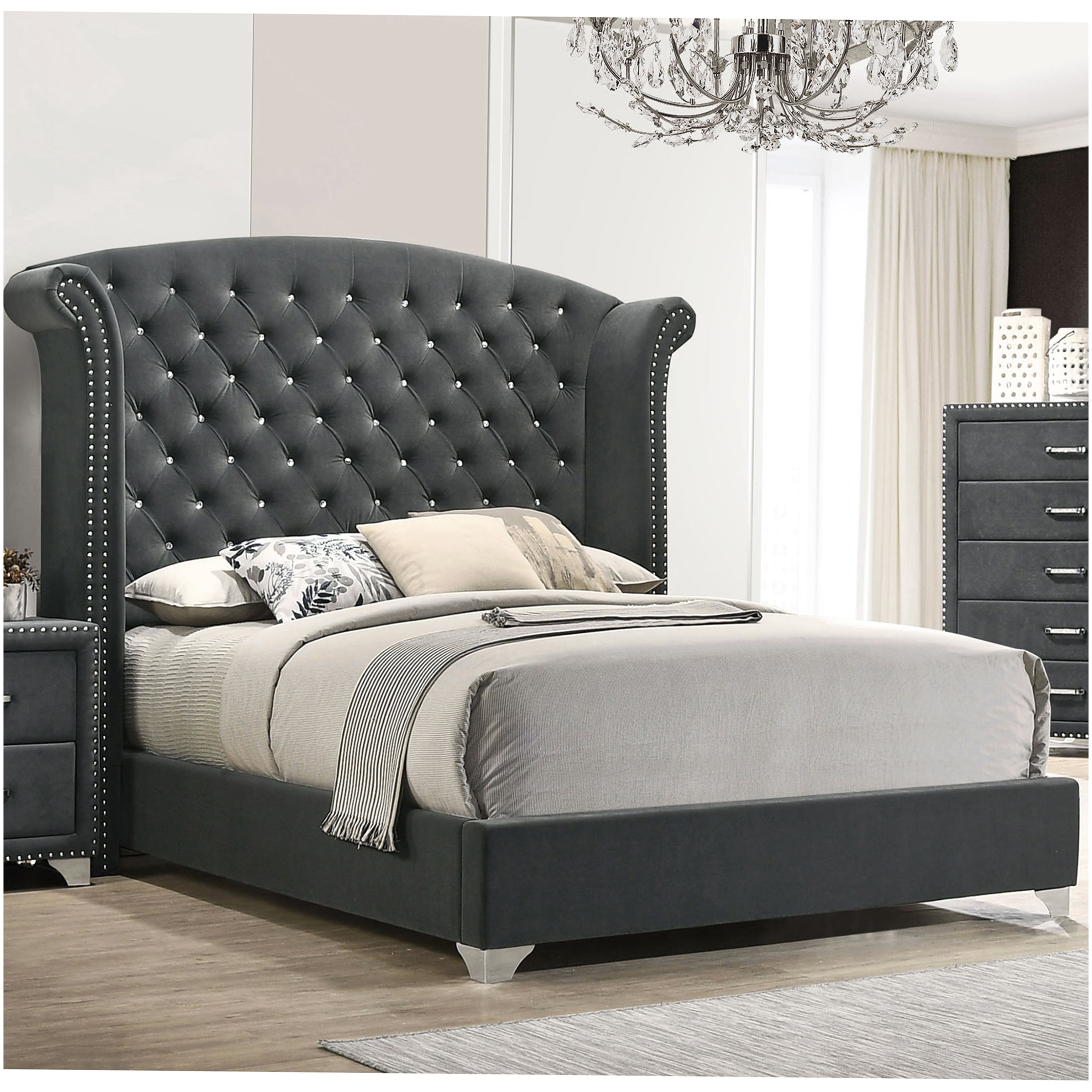 CHAMPFLAG Modern Grey Velvet Queen Bed Frame with Wingback Headboard, Button Tufted Upholstered Platform Bed