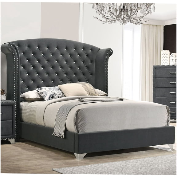 CHAMPFLAG Modern Grey Velvet Queen Bed Frame with Wingback Headboard, Button Tufted Upholstered Platform Bed
