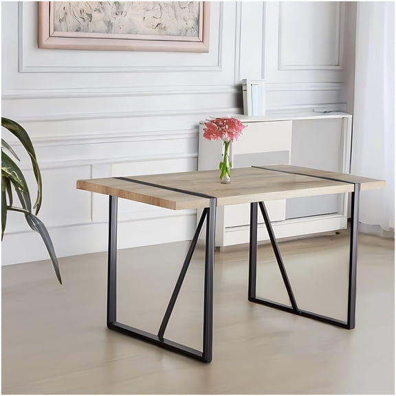CHAMPFLAG Modern Industrial Dining Table, 55 Inch Rectangular Farmhouse Table with Black Metal Base, Engineered Wood Top for Kitchen and Dining Room