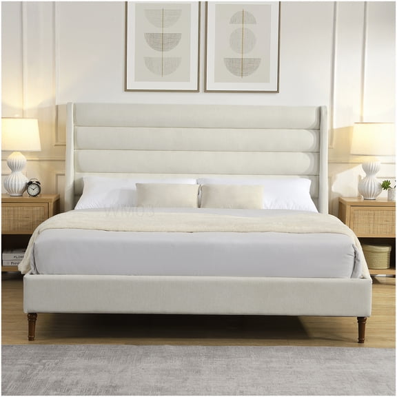 CHAMPFLAG Modern King Bed Frame with Padded Wave Headboard, Upholstered Platform Base, Easy Setup, Ivory Chenille Fabric