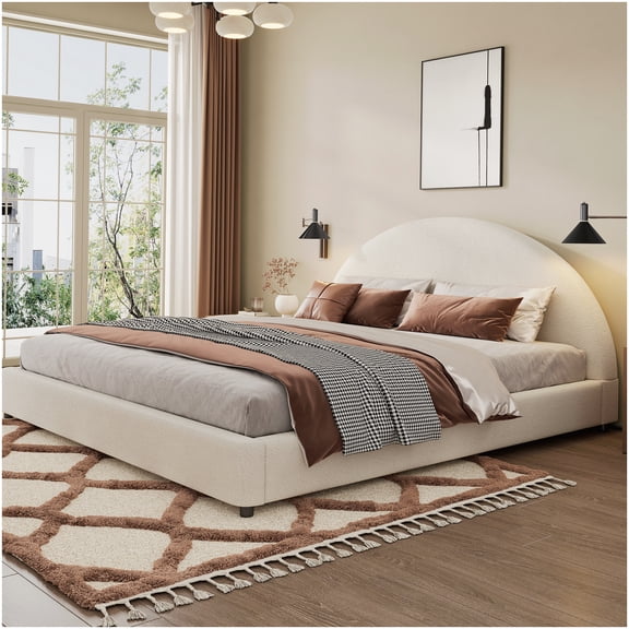 CHAMPFLAG Modern King Size Bed Frame with Round Boucle Headboard, Low Profile Platform Base, Upholstered Fabric, Easy Assembly, White