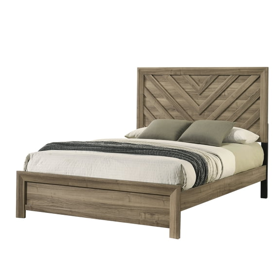 CHAMPFLAG Modern Light Brown Upholstered Bed Frame, Queen Size Platform Bed with Chevron Headboard