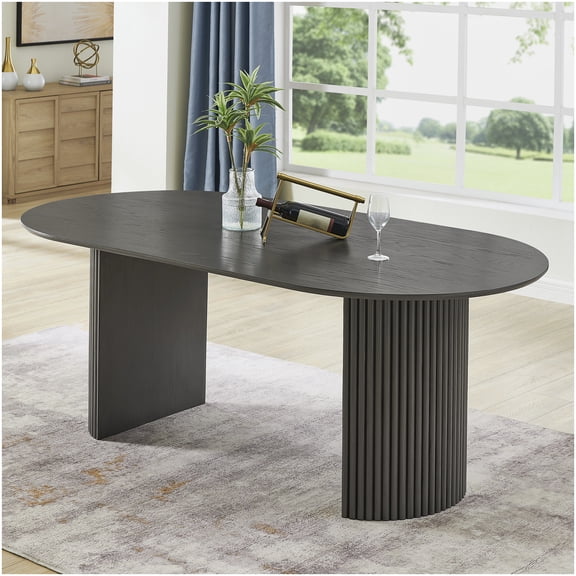 CHAMPFLAG Modern Oval Dining Table, Gray Oak Finish Seats 6, Dual Fluted Pedestal Base, 80 Inch Large Dining Room Table