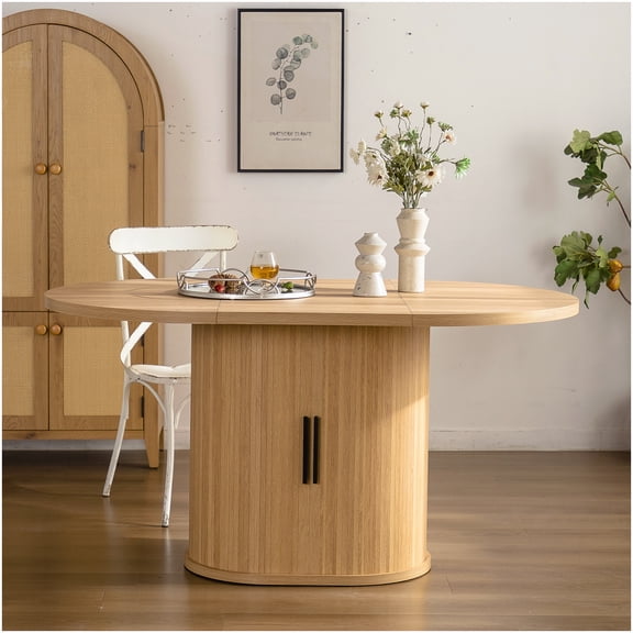 CHAMPFLAG Modern Oval Dining Table with Hidden Storage, Farmhouse Kitchen Table for 4-6, Natural Wood Grain Finish