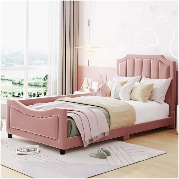 CHAMPFLAG Modern Pink Velvet Daybed with Striped Headboard, Low Profile Twin Sleeper Frame for Guest Room or Apartment