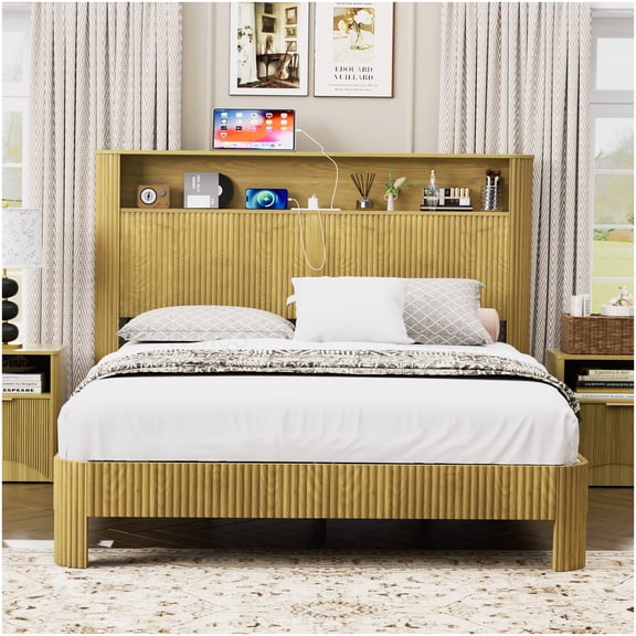 CHAMPFLAG Modern Platform Bed Frame with USB Charging, Wave Design Headboard, Queen Size Storage Bed with Silent Rest System