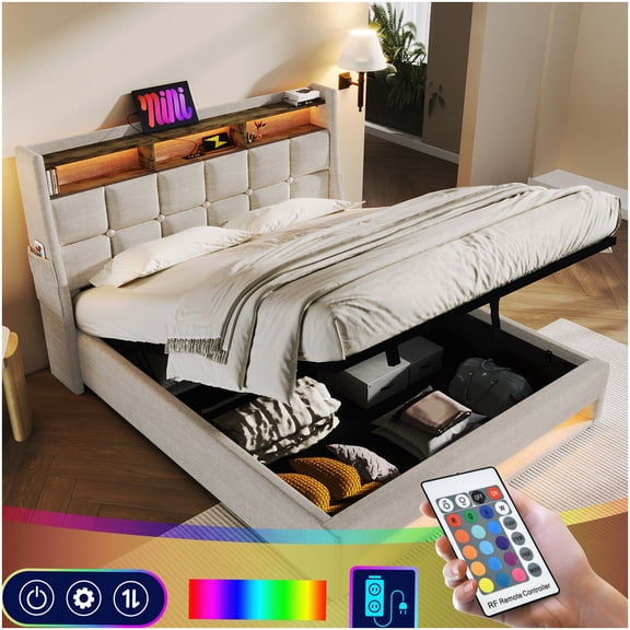 CHAMPFLAG Modern Platform Bed with LED Lights and USB Port, Queen Size Upholstered Storage Bed Frame, Hydraulic Lift Base