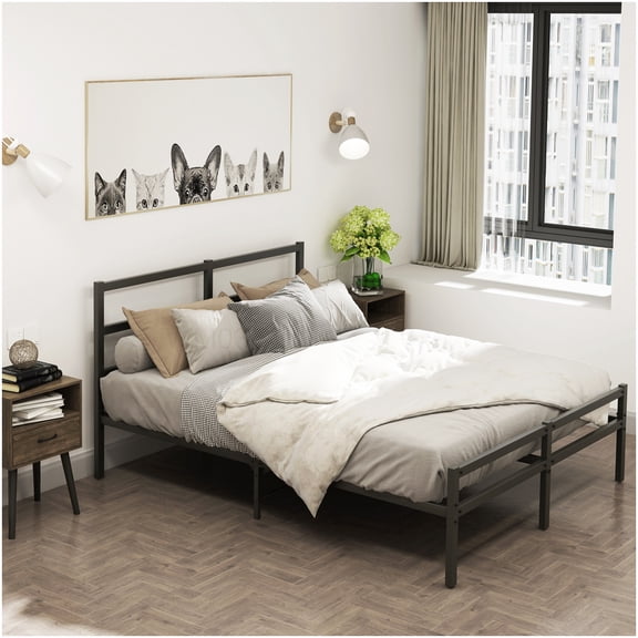 CHAMPFLAG Modern Queen Bed Frame with Wave Headboard, Sturdy Steel Platform Foundation, No Box Spring Needed, Underbed Storage Space, Quiet Support Minimalist Design