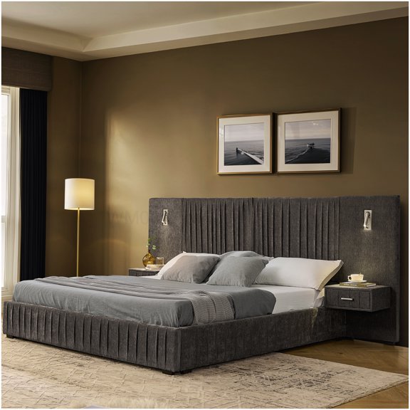 CHAMPFLAG Modern Queen Bed Frame with LED Lights and Attached Nightstand, Low Profile Upholstered Platform Bed, No Box Spring Required, Dark Gray