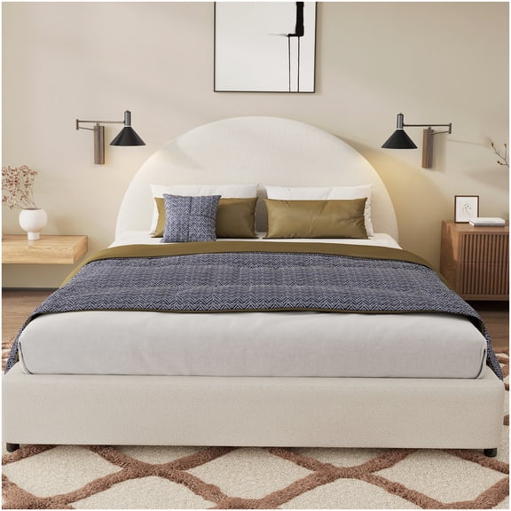 CHAMPFLAG Modern Queen Platform Bed with Curved Boucle Headboard, Upholstered Low Profile Frame with Support Slats, No Box Spring Required, Easy Tool-Free Assembly