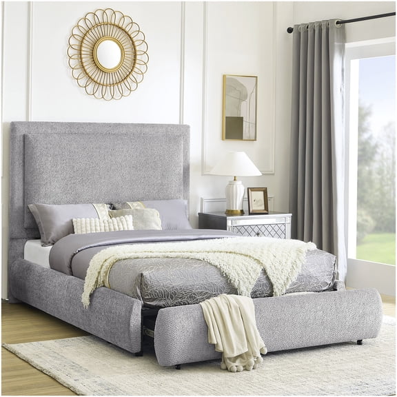 CHAMPFLAG Modern Queen Size Bed Frame with Upholstered Headboard and Hidden Storage, Pewter Chenille Platform Bed