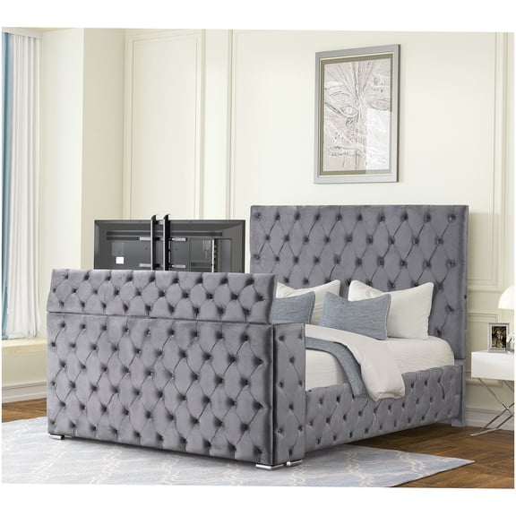 CHAMPFLAG Modern Queen Size Platform Bed with Electric Fireplace & Hidden TV Storage, Gray Velvet Upholstered Bed Frame, No Box Spring Needed