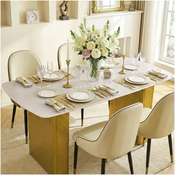 CHAMPFLAG Modern Rectangular Glass Dining Table, Marble Look Top with Gold Metal Legs, for Kitchen Dining Room